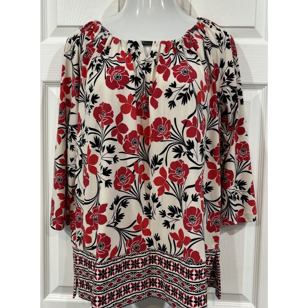 Rafaella Red Floral Print Ivory Black Stretch Knit Tunic Top Blouse Women's L